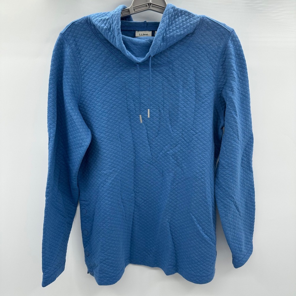 LL Bean AirLight Quilted Pullover Hoodie Blue Size Medium M Side Snap Sweatshirt